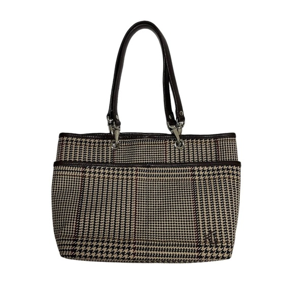 Ralph Lauren Vintage Mini Tote  Bag Beige‎ Brown Houndstooth Tartan Plaid Purse - Picture 1 of 12